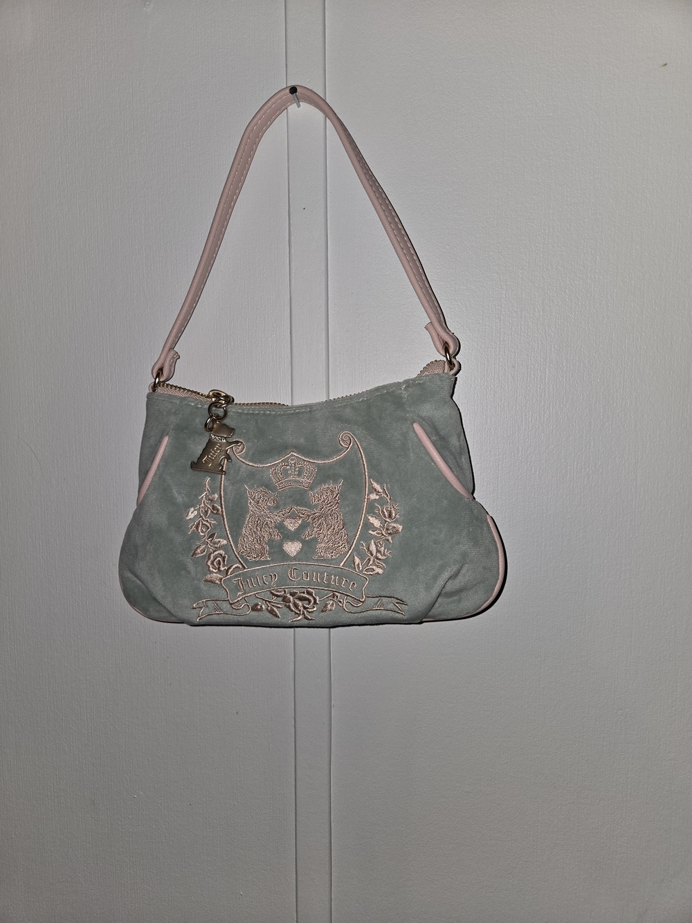 Juicy Couture Sage Suede Shoulder Bag with Blush Trim